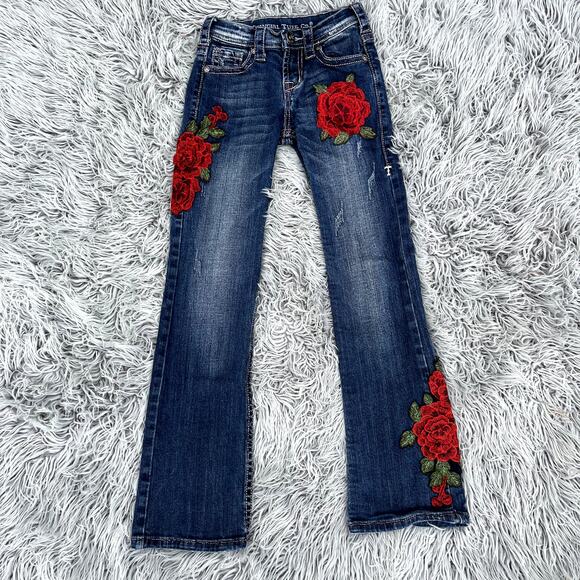 Kids Denim Jeans with Red Floral Embroidery - Picture 2 of 13